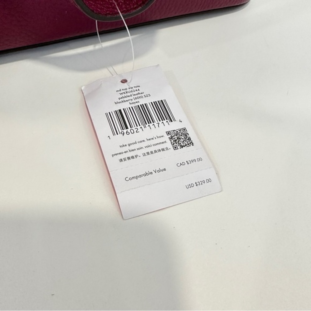 Kate Spade Hayes Top Zip Tote Bag Pebbled Leather in Blackberry - Picture 8 of 10